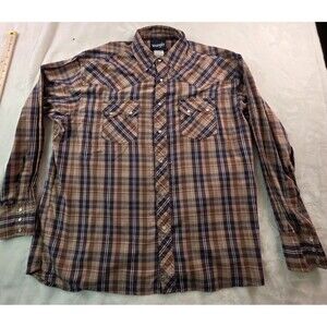 Wrangler Western Shirt XL Brown Plaid Brush Pearl Snap‎ Shirt